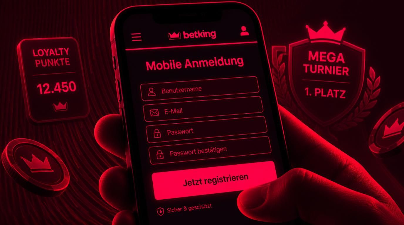 Bild zeigt eine mobile Casino-Anmeldung auf dem Smartphone mit auffälligen Loyality-Elementen im Hintergrund