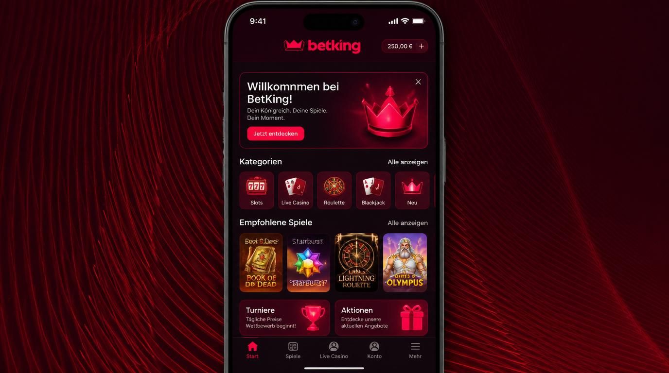  Ein Smartphone zeigt die BetKing App mit sauberem Dashboard und klaren Icons. 