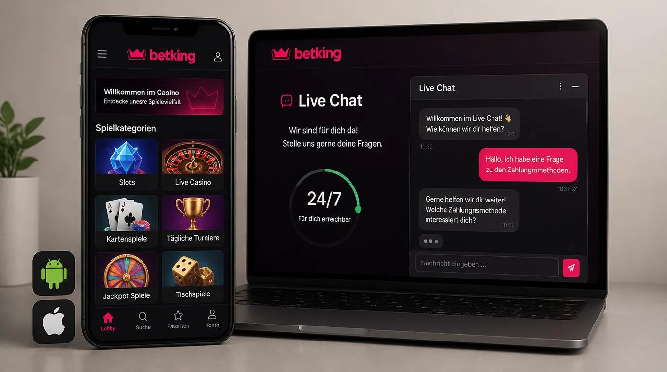 Smartphone mit Casino-App neben einer Spielauswahl und einem geöffneten Live-Chat