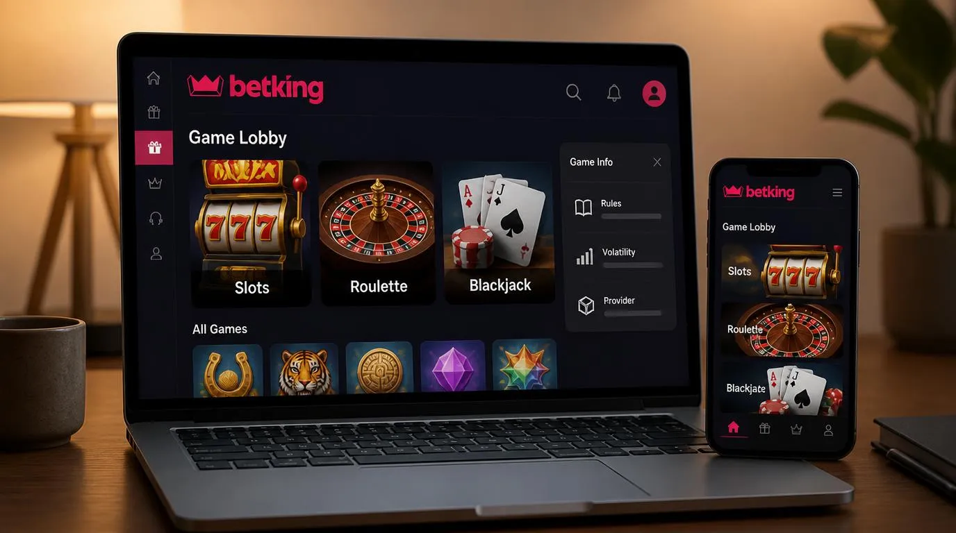 Casino-Lobby auf einem Laptop mit Slots, digitalen Tischspielen und einem geöffneten Spielinformationsfenster