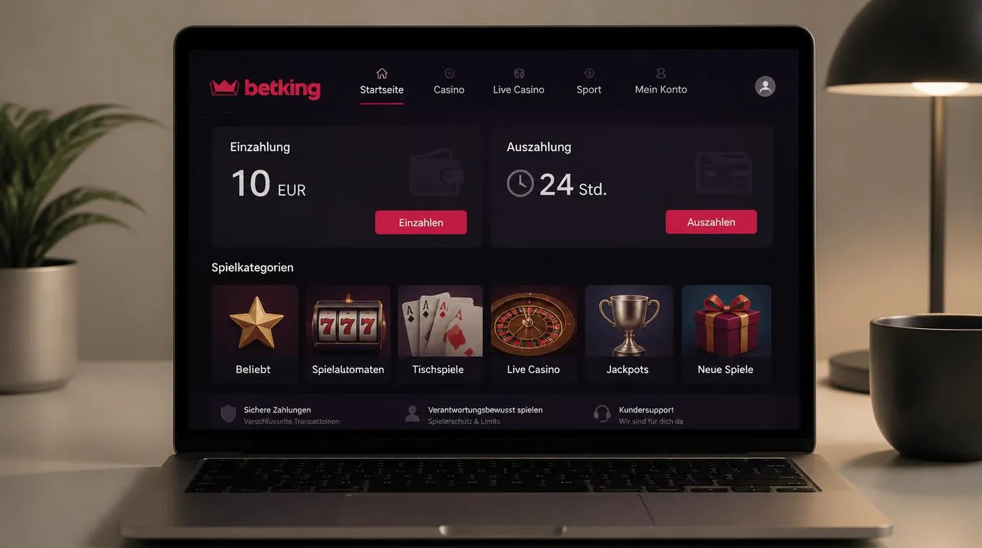 Casino-Oberfläche mit 10-EUR-Einzahlung, 24-Stunden-Auszahlung und Kacheln für verschiedene Spielgenres