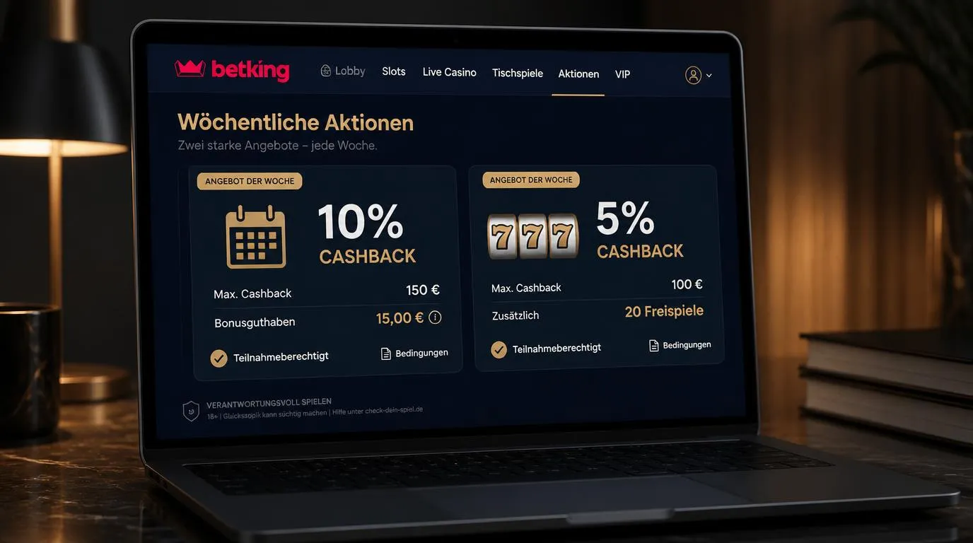 Casino-Aktionsübersicht mit wöchentlichem Cashback, Bonusguthaben und Freispielen