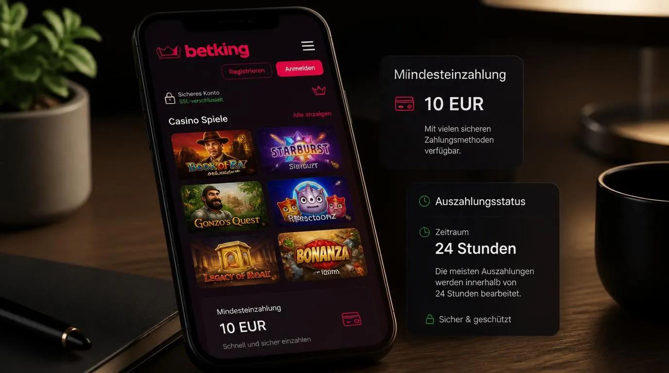 Smartphone mit Casino-Spielauswahl, Auszahlungsanzeige und einer Einzahlung von 10 EUR